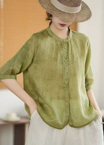Linen Breasted Print Green Sleeve Single Half Art Shirt FashionChic