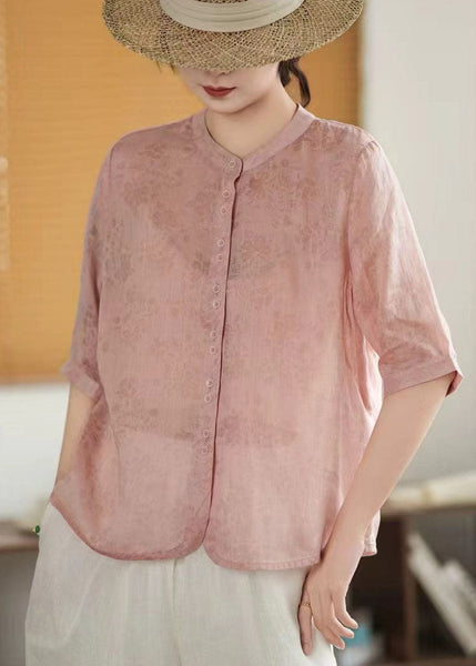 Linen Breasted Print Green Sleeve Single Half Art Shirt FashionChic