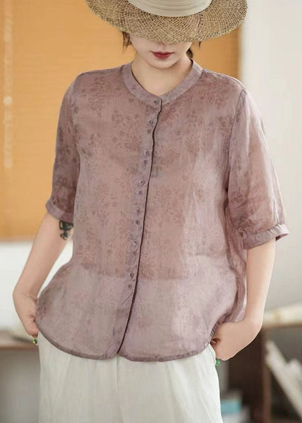 Linen Breasted Print Green Sleeve Single Half Art Shirt FashionChic