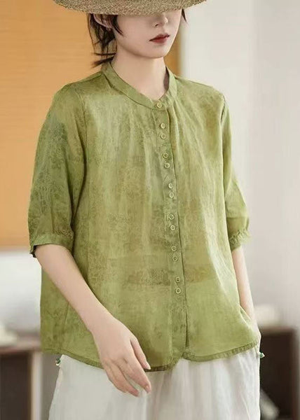 Linen Breasted Print Green Sleeve Single Half Art Shirt FashionChic
