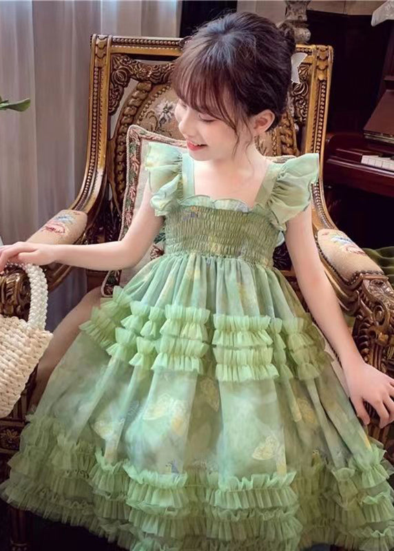 Art Green Square Collar Print Wrinkled Tulle Girls Long Dress Sleeveless EW023 WS-JRTZSDL240810