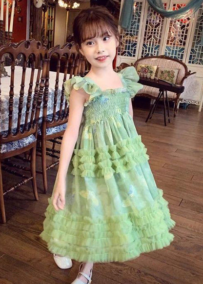 Art Green Square Collar Print Wrinkled Tulle Girls Long Dress Sleeveless EW023 WS-JRTZSDL240810