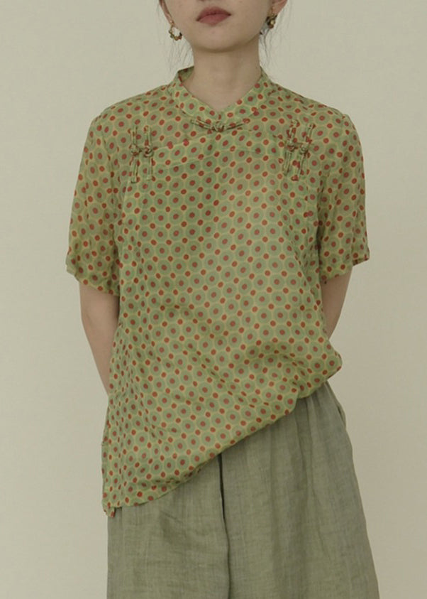 Art Green Stand Collar Dot Button Top Short Sleeve UU037 OM-MM240820