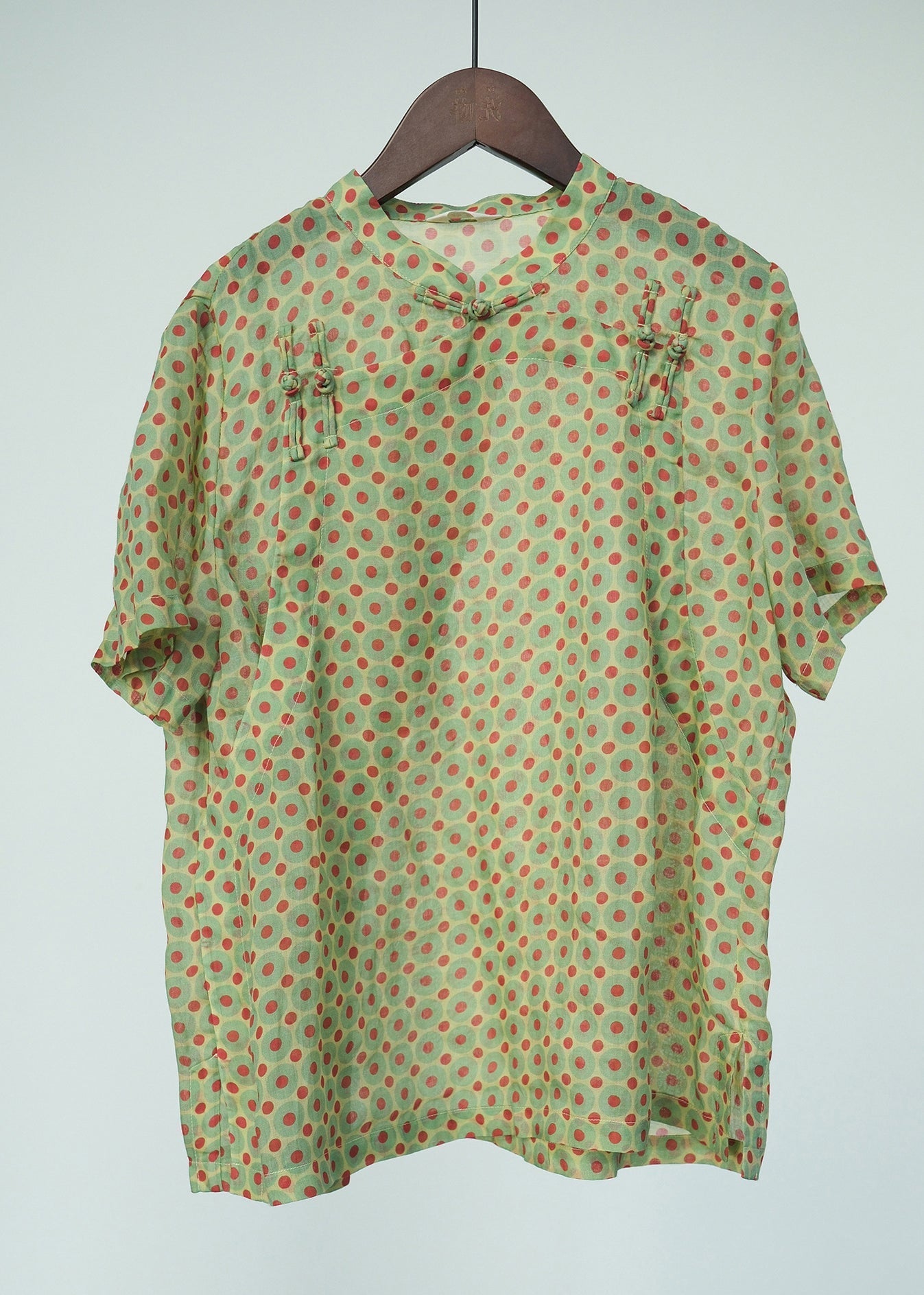 Art Green Stand Collar Dot Button Top Short Sleeve UU037 OM-MM240820