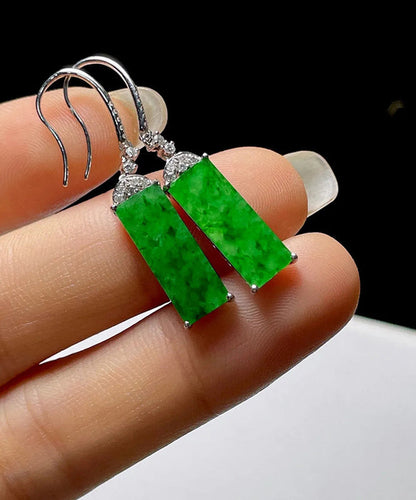 Art Green Sterling Silver Inlaid Zircon Rectangular Jade Drop Earrings AC1036 Genistyle Shop