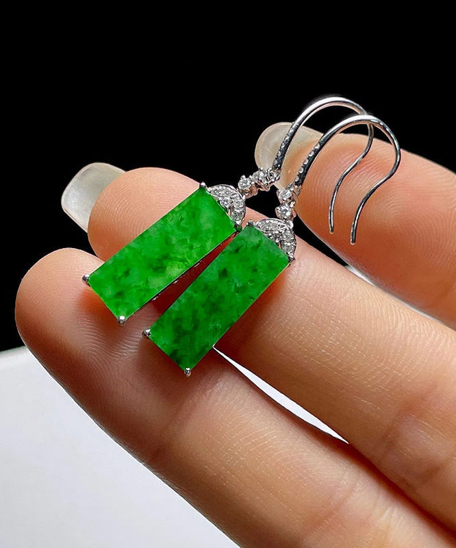 Art Green Sterling Silver Inlaid Zircon Rectangular Jade Drop Earrings AC1036 Genistyle Shop