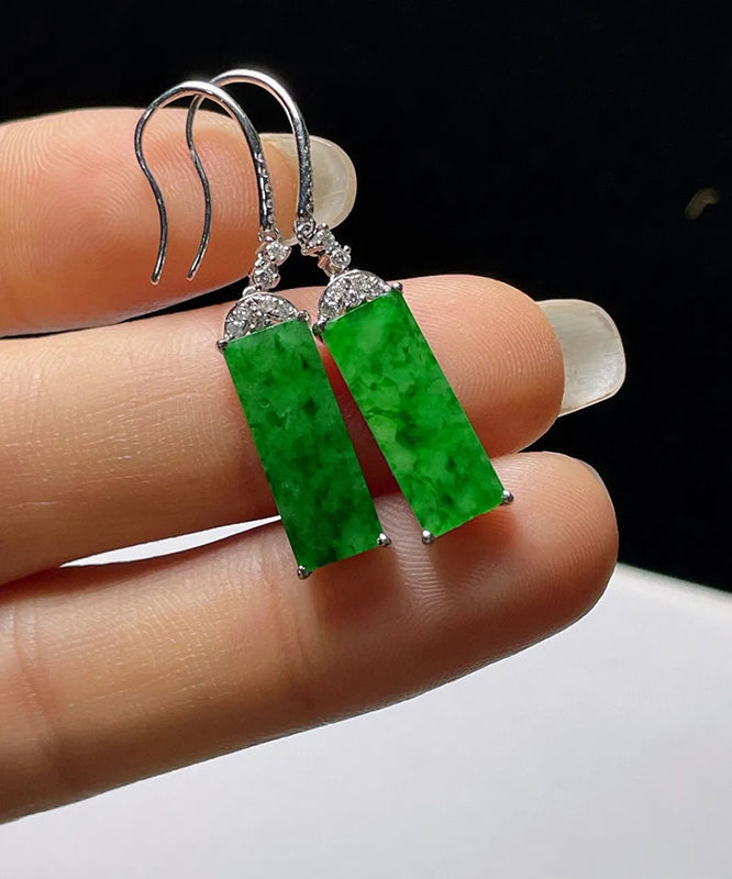 Art Green Sterling Silver Inlaid Zircon Rectangular Jade Drop Earrings AC1036 Genistyle Shop