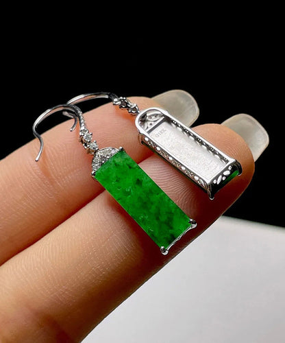 Art Green Sterling Silver Inlaid Zircon Rectangular Jade Drop Earrings AC1036 Genistyle Shop