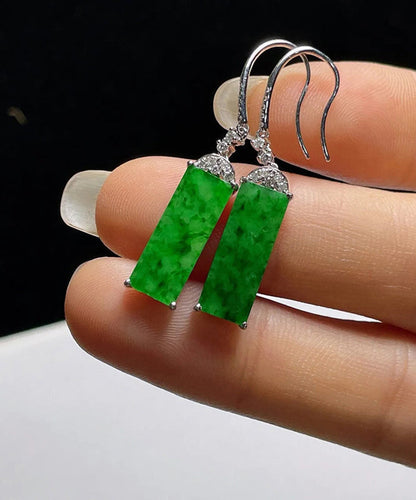 Art Green Sterling Silver Inlaid Zircon Rectangular Jade Drop Earrings AC1036 Genistyle Shop