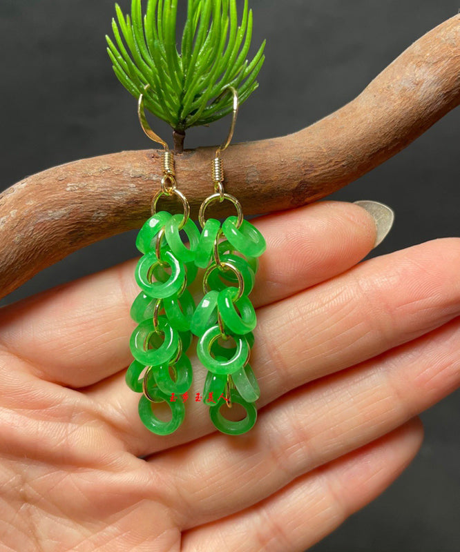 Art Green Sterling Silver Overgild Jade Tassel Drop Earrings GH1061 Ada Fashion