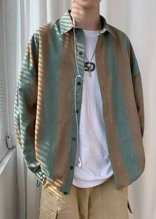 Button Men Collar Pan Green Cotton Striped Peter Art Shirts FashionChic