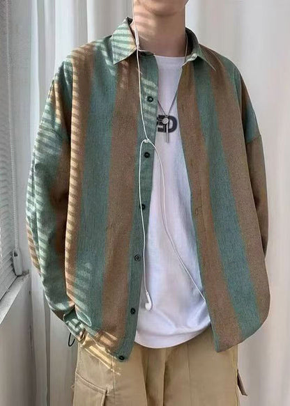 Button Men Collar Pan Green Cotton Striped Peter Art Shirts FashionChic