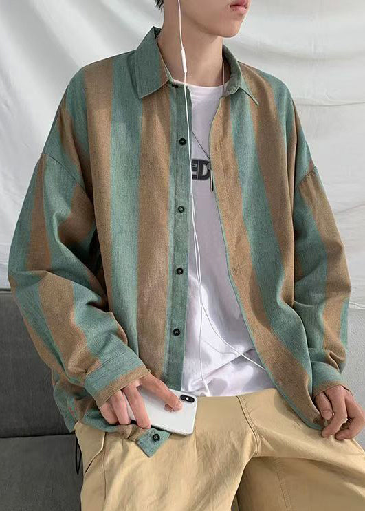 Button Men Collar Pan Green Cotton Striped Peter Art Shirts FashionChic