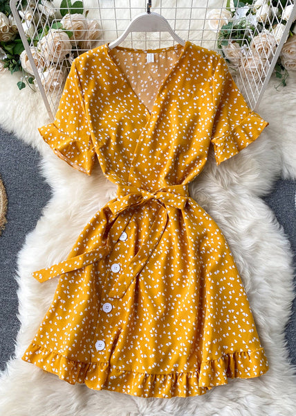 Art Green V Neck Print Tie Waist Cotton Mid Dress Summer TR038 ZS-SDM240730