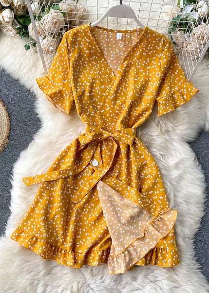 Art Green V Neck Print Tie Waist Cotton Mid Dress Summer TR038 ZS-SDM240730