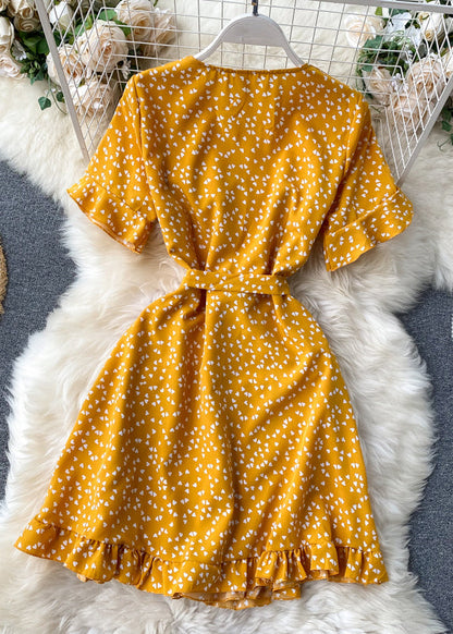 Art Green V Neck Print Tie Waist Cotton Mid Dress Summer TR038 ZS-SDM240730