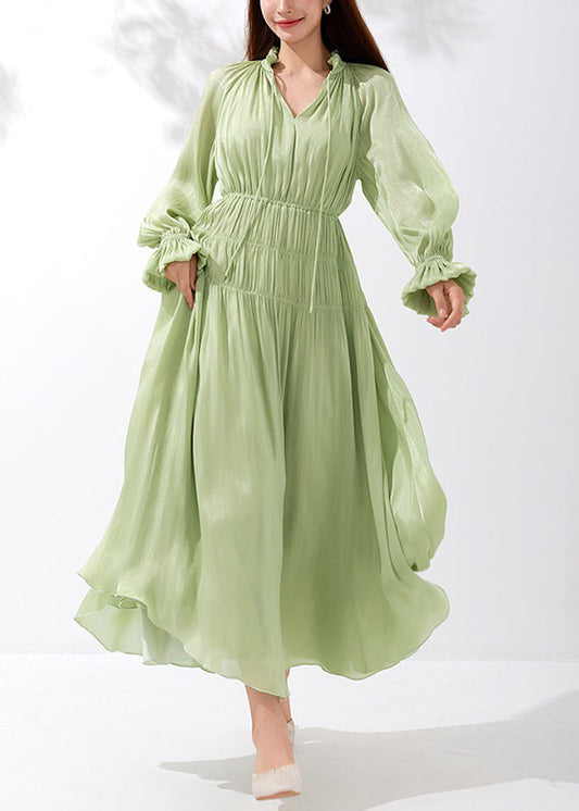 Art Green V Neck Wrinkled Lace Up Silk Maxi Dresses Butterfly Sleeve AM1026 Genistyle Shop