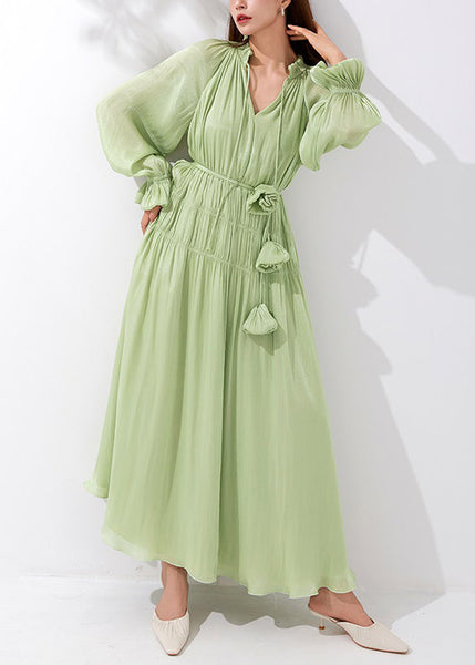 Art Green V Neck Wrinkled Lace Up Silk Maxi Dresses Butterfly Sleeve AM1026 Genistyle Shop