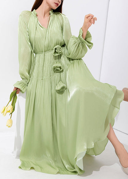 Art Green V Neck Wrinkled Lace Up Silk Maxi Dresses Butterfly Sleeve AM1026 Genistyle Shop