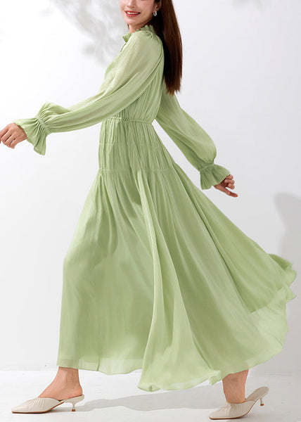 Art Green V Neck Wrinkled Lace Up Silk Maxi Dresses Butterfly Sleeve AM1026 Genistyle Shop