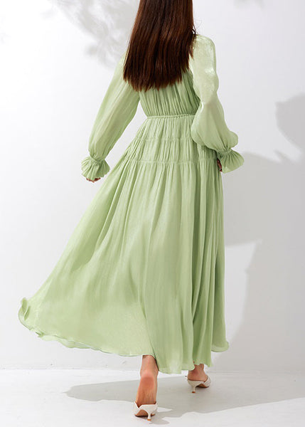 Art Green V Neck Wrinkled Lace Up Silk Maxi Dresses Butterfly Sleeve AM1026 Genistyle Shop