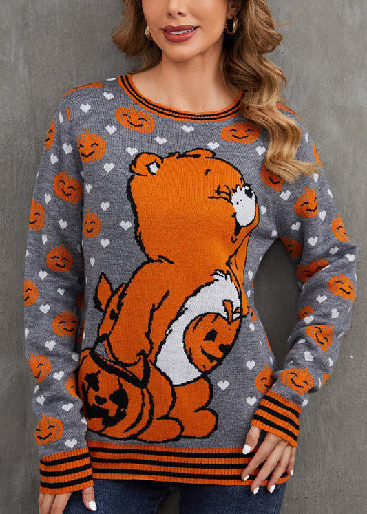 Art Grey O Neck Animal Cozy Knit Sweater Fall AE1014 OM-HW240901