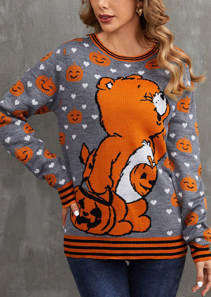 Art Grey O Neck Animal Cozy Knit Sweater Fall AE1014 OM-HW240901