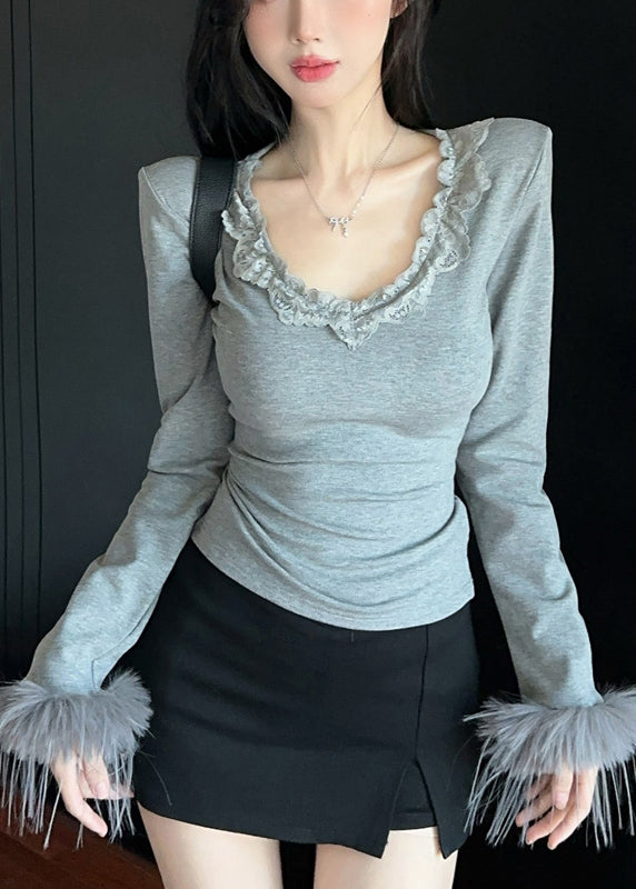 Art Grey O Neck Patchwork Faux Fur Tops Spring YP022 ABC