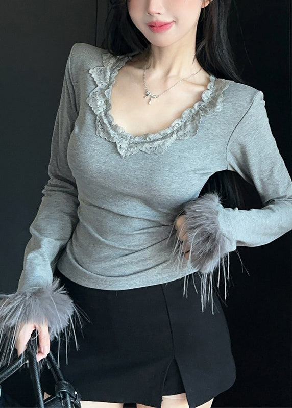 Art Grey O Neck Patchwork Faux Fur Tops Spring YP022 ABC