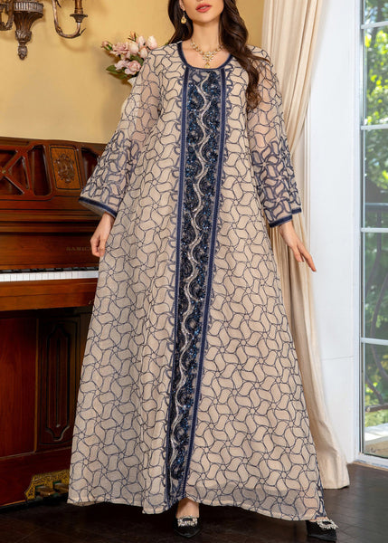 Art Grey O Neck Sequins Patchwork Tulle Long Dress Fall WO048 OM-ZS241108