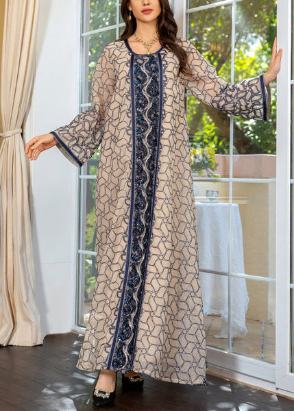 Art Grey O Neck Sequins Patchwork Tulle Long Dress Fall WO048 OM-ZS241108