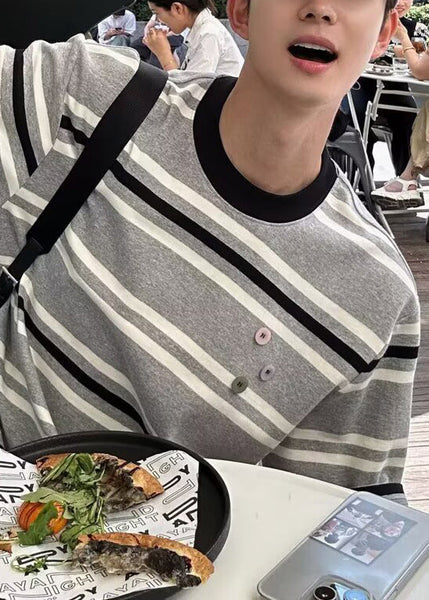 Men O Grey Cotton Art Striped Summer Neck T Shirts FashionChic