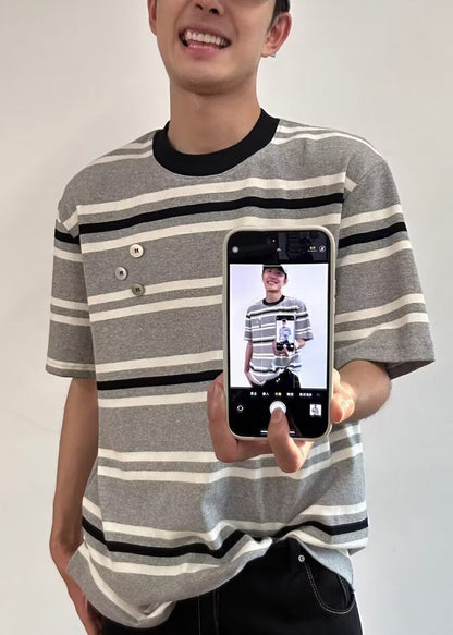 Men O Grey Cotton Art Striped Summer Neck T Shirts FashionChic