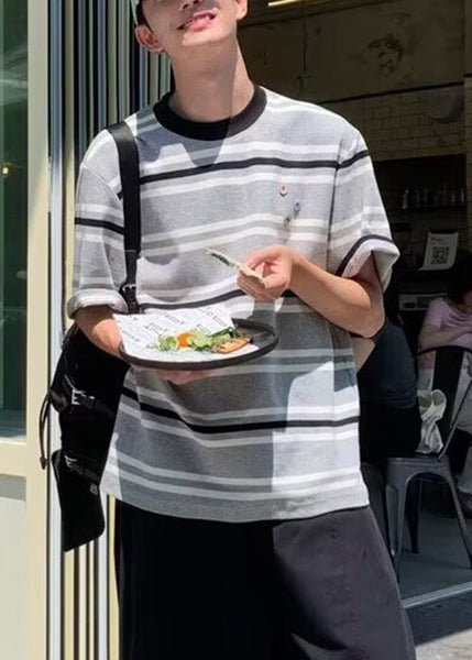 Men O Grey Cotton Art Striped Summer Neck T Shirts FashionChic