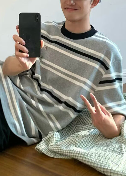 Men O Grey Cotton Art Striped Summer Neck T Shirts FashionChic