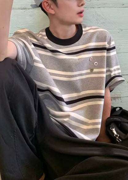 Men O Grey Cotton Art Striped Summer Neck T Shirts FashionChic