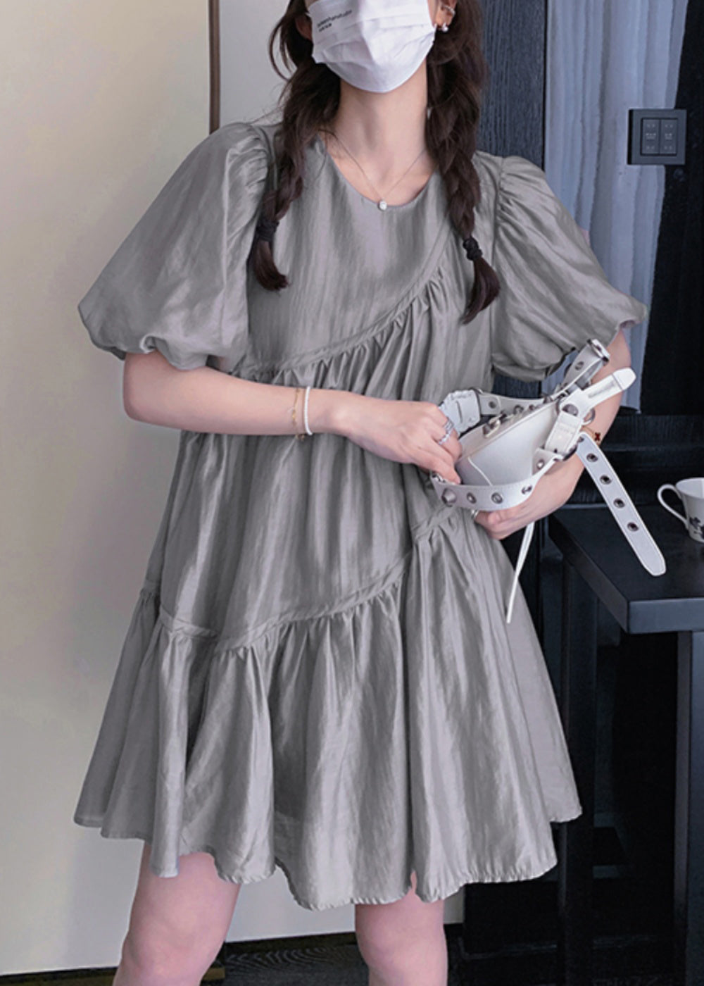 Day Dress Wrinkled Art Grey Oversized Summer Silk FashionChic