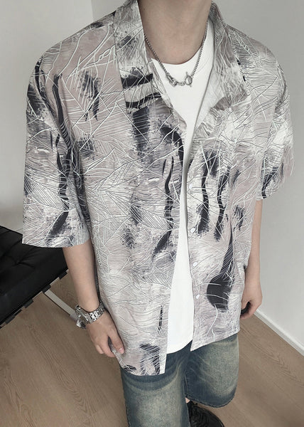 Art Grey Peter Pan Collar Print Cotton Men Shirt Summer YT082 Men-Silk-MENSTP240721