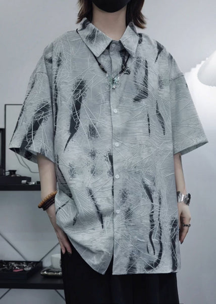 Art Grey Peter Pan Collar Print Cotton Men Shirt Summer YT082 Men-Silk-MENSTP240721