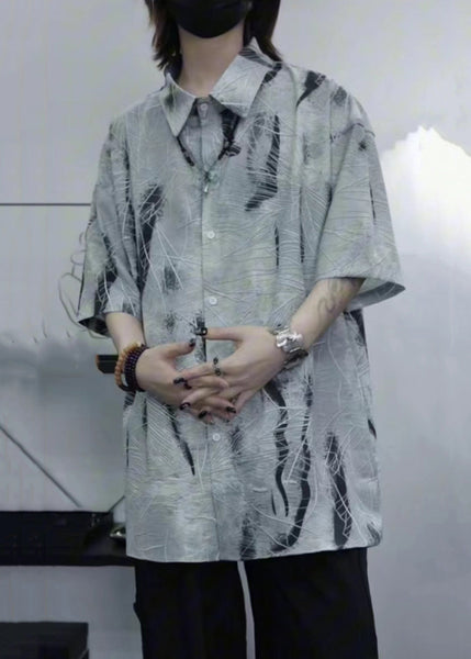 Art Grey Peter Pan Collar Print Cotton Men Shirt Summer YT082 Men-Silk-MENSTP240721