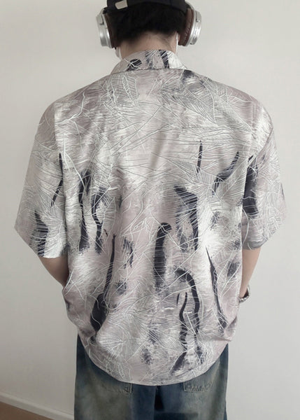 Art Grey Peter Pan Collar Print Cotton Men Shirt Summer YT082 Men-Silk-MENSTP240721