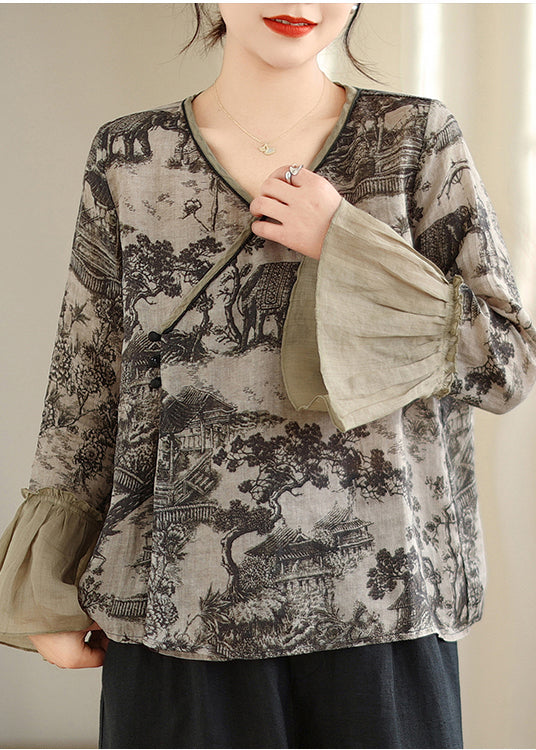 Art Grey Print Patchwork Linen Shirt Tops Flare Sleeve TM021 ABC