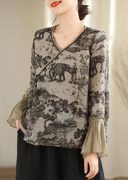 Art Grey Print Patchwork Linen Shirt Tops Flare Sleeve TM021 ABC