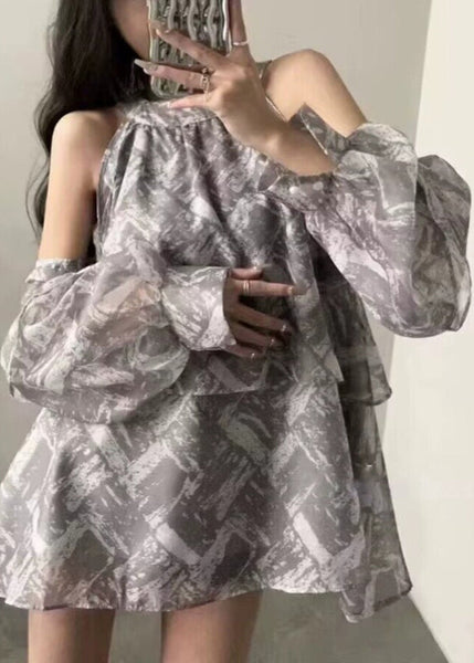 Art Grey Ruffled Print Cold Shoulder Shirt Sleeveless UU1050 SH-LF-VTP240526