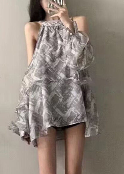 Art Grey Ruffled Print Cold Shoulder Shirt Sleeveless UU1050 SH-LF-VTP240526