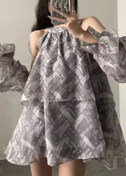 Art Grey Ruffled Print Cold Shoulder Shirt Sleeveless UU1050 SH-LF-VTP240526