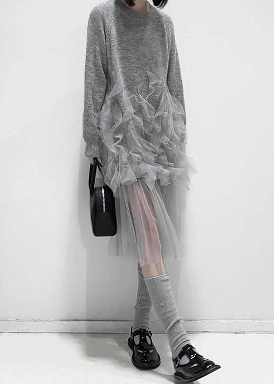 Art Grey Ruffled Solid Tulle Patchwork Knit Dress Fall AL1057 Genistyle Shop