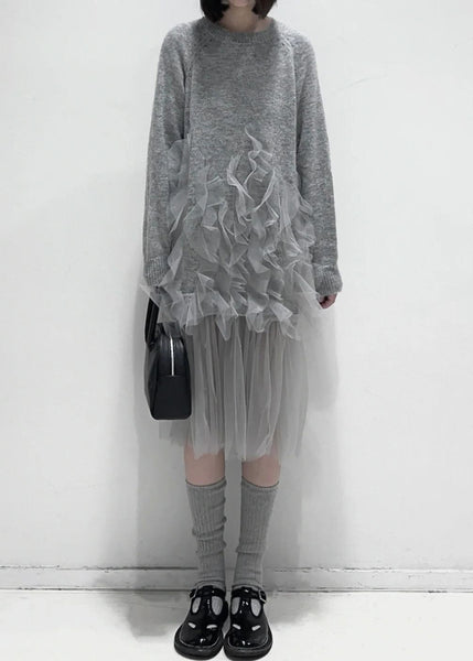 Art Grey Ruffled Solid Tulle Patchwork Knit Dress Fall AL1057 Genistyle Shop