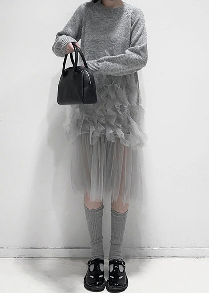 Art Grey Ruffled Solid Tulle Patchwork Knit Dress Fall AL1057 Genistyle Shop