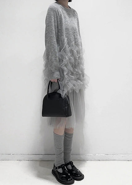 Art Grey Ruffled Solid Tulle Patchwork Knit Dress Fall AL1057 Genistyle Shop